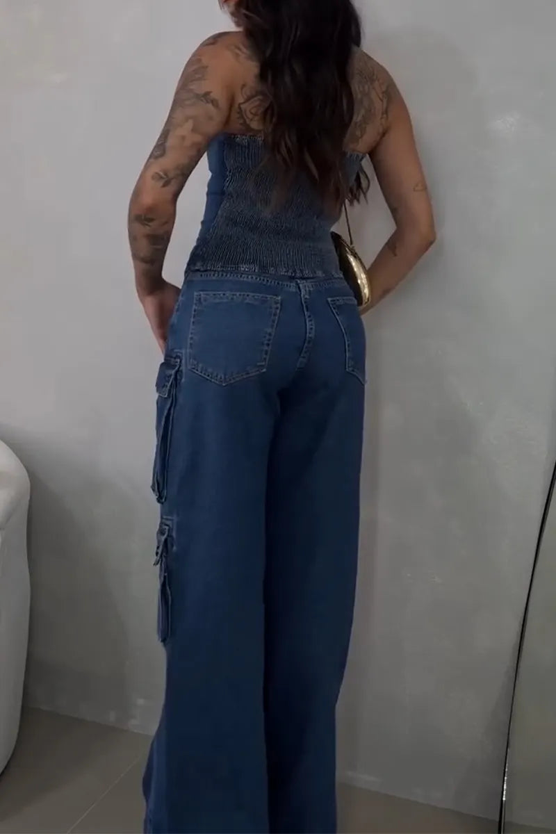 Women's Strapless Patchwork Irregular Denim Top + Patchwork Multi Pocket Jeans