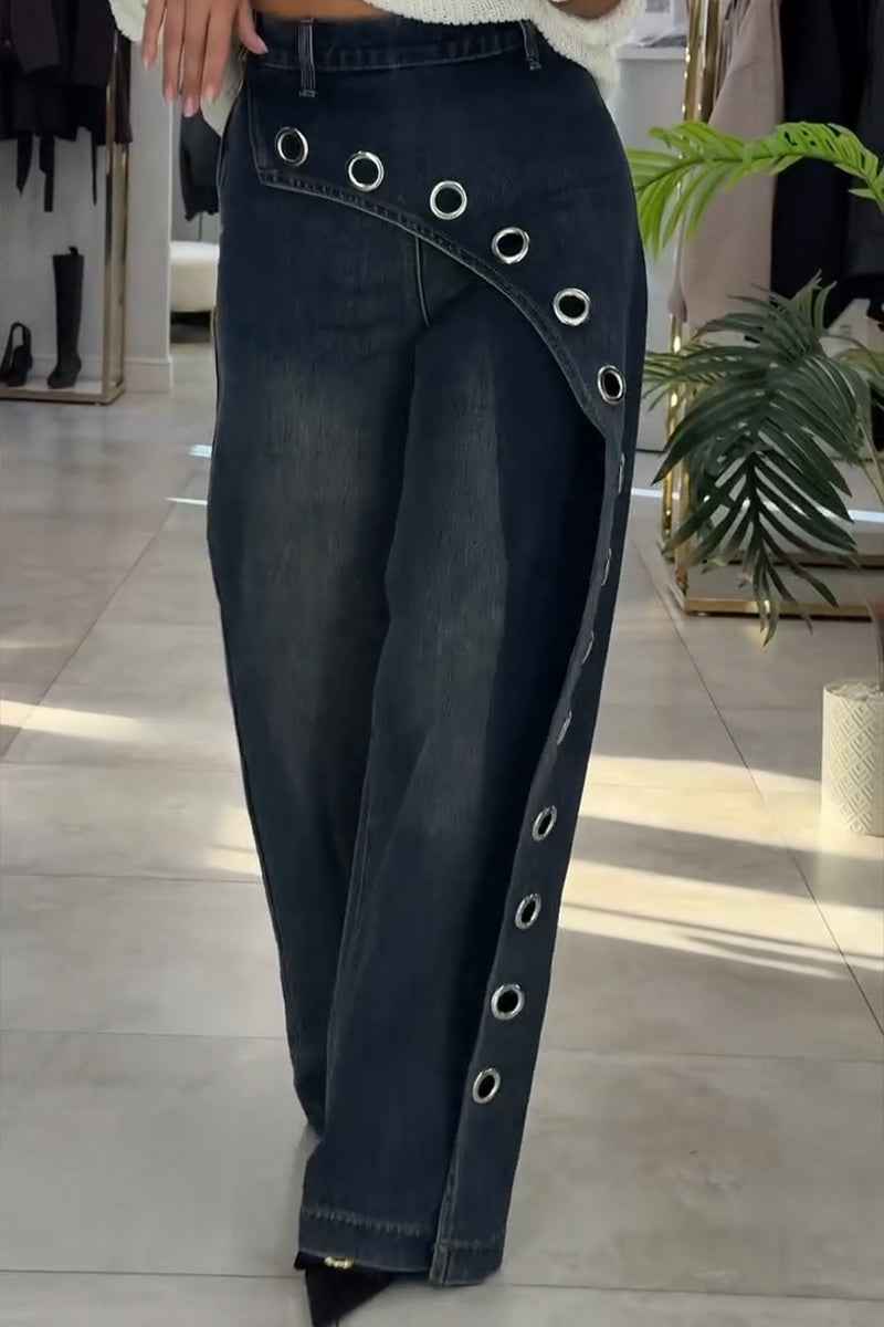 Women's Fashion Asymmetric Metal Hollow-Out Decoration Wide Leg Jeans