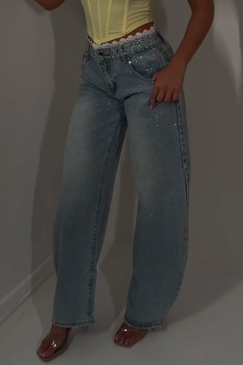 Women's Washed and Spliced Rhinestone Casual Jeans