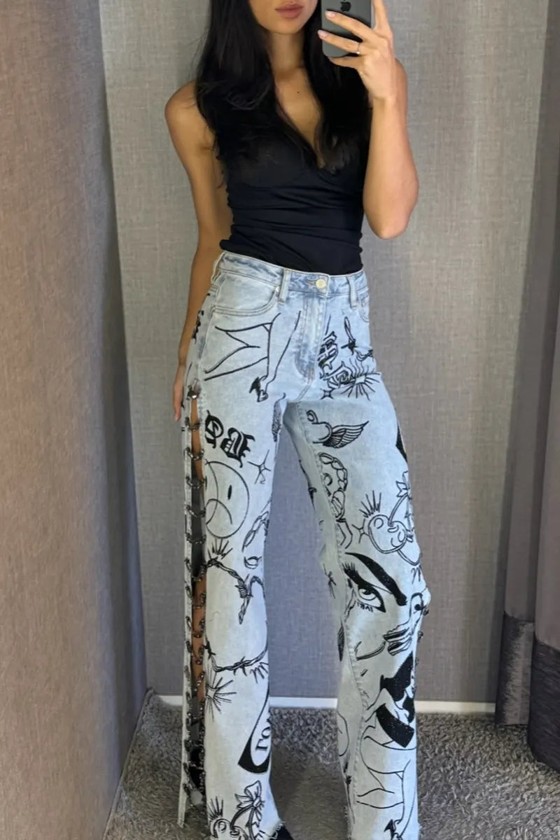 Women's Fashion Side Chain Decoration Pattern Print Wide Leg Jeans