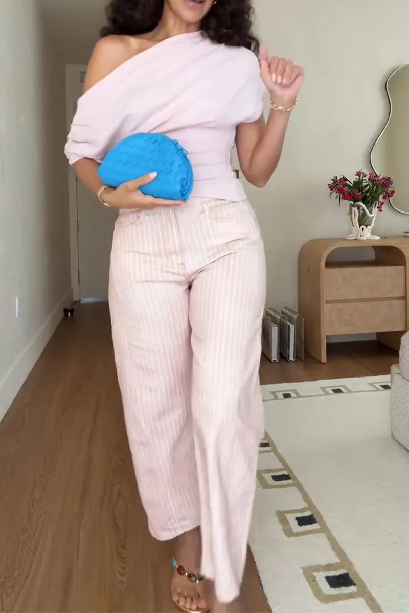 Women's Slanted Neck Solid Color Top or Vertical Striped Wide Leg Pants