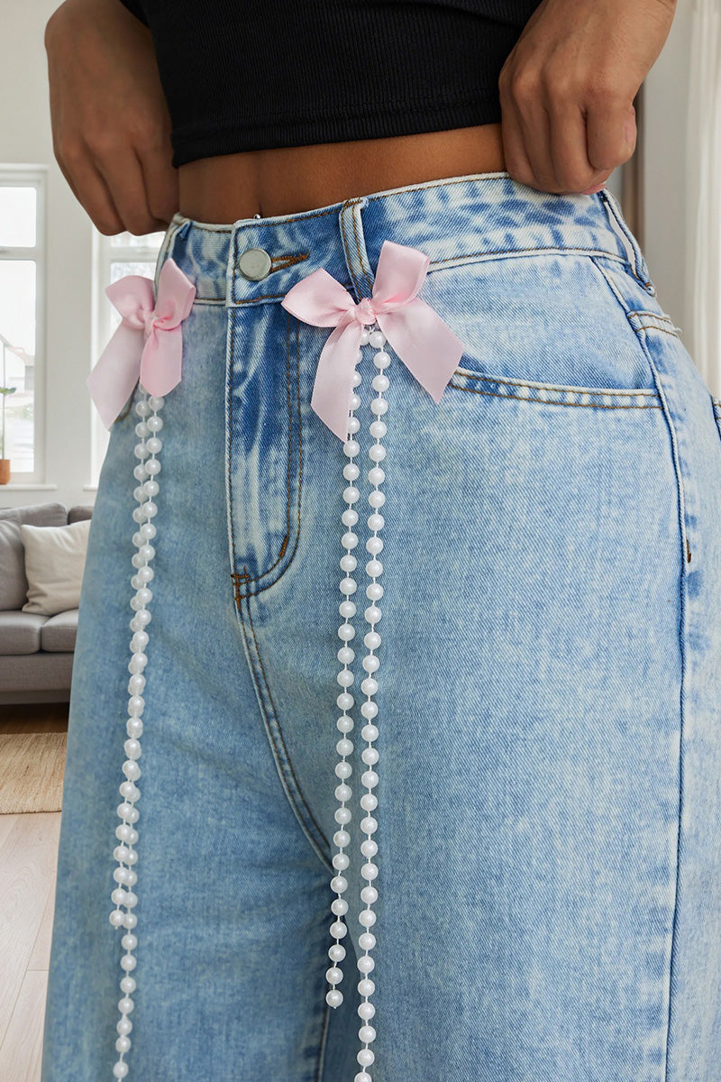 Chic Bow-Adorned Pearl Accent Distressed High-Waist Jeans