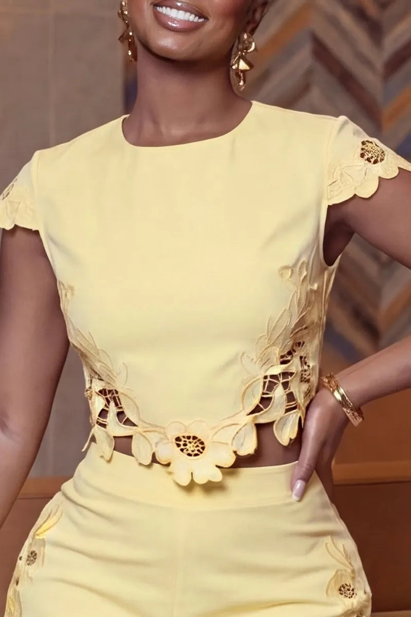 Women's  Chic Summer Yellow Floral Lace Trim Co-Ord Set with Crop Top or Shorts