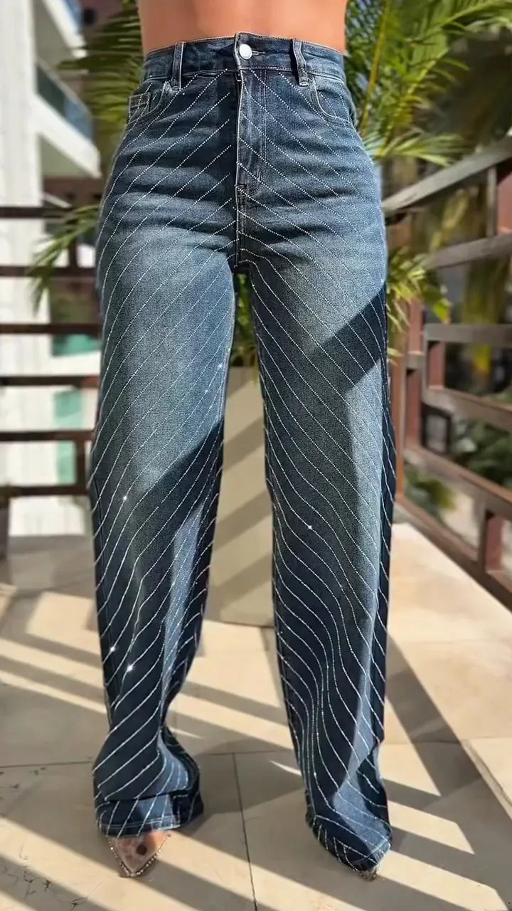 Women Hot Stamping Rhinestone Striped Casual Jeans