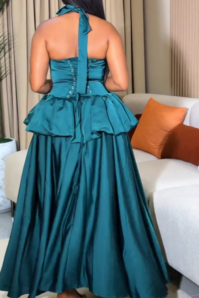 Women's Elegant Balloon Tiered Hem Tie Waist Cinching Maxi Dress
