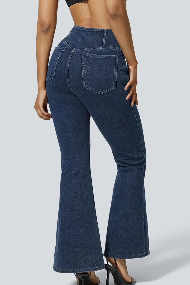 Women's High Waist Cross Over Flared Jeans With Elegant Draping