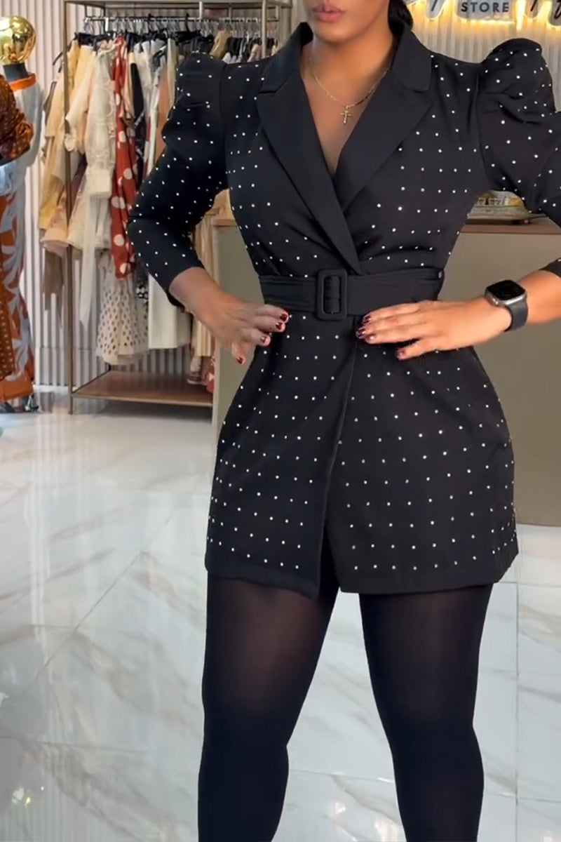 Women's Elegant Rhinestone Lapel Leg of Mutton Sleeve Blazer Mini Dress with Belt
