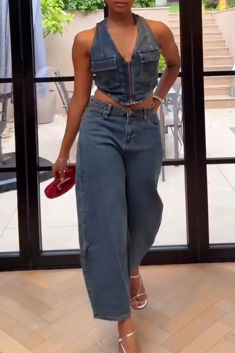 Women's V-neck Patchwork Pocket Vest or Wide Leg Jeans