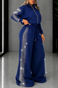 Women's Round Neck Hooded Hot Stamping Rhinestone Jacket+ Wide Leg Pants Casual Set