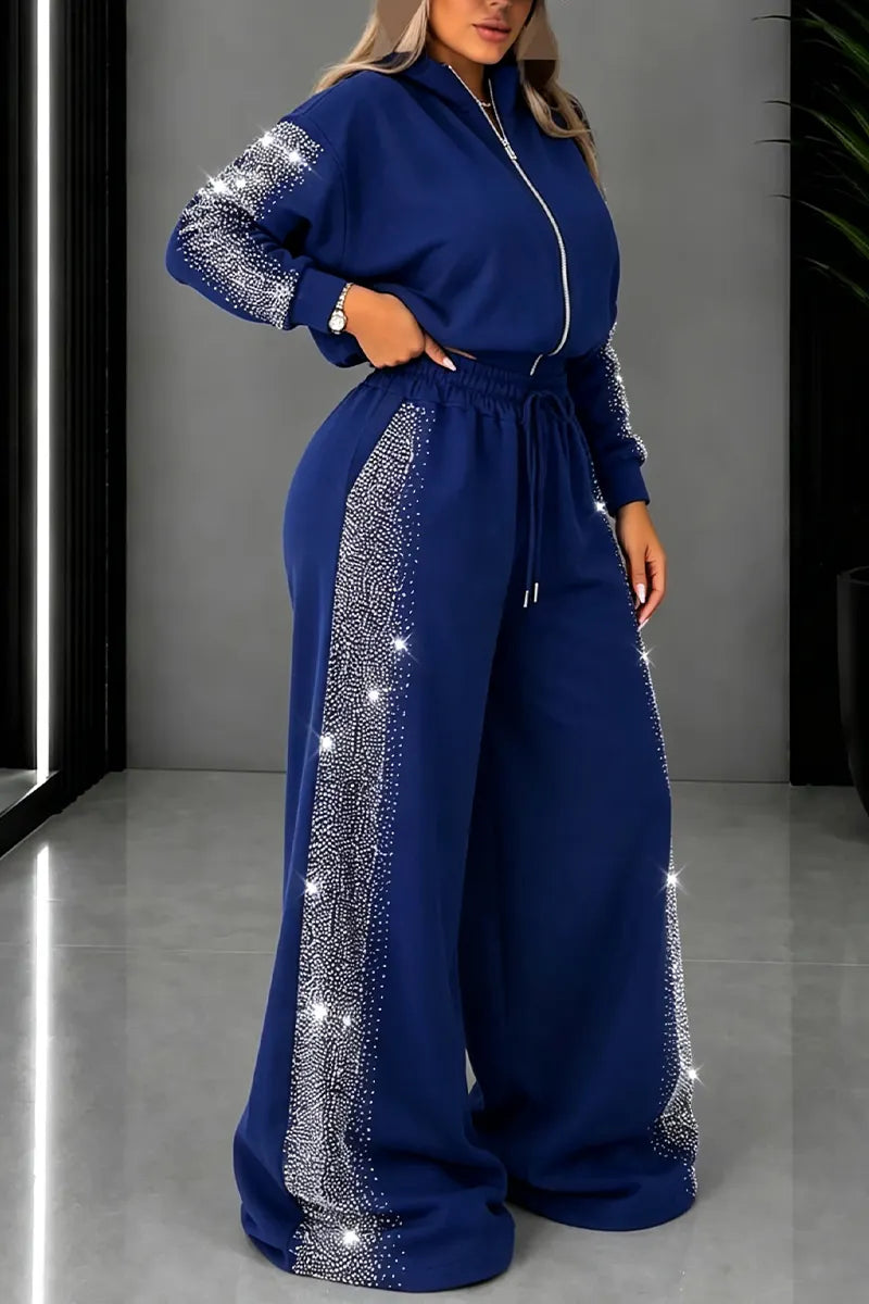 Women's Round Neck Hooded Hot Stamping Rhinestone Jacket+ Wide Leg Pants Casual Set