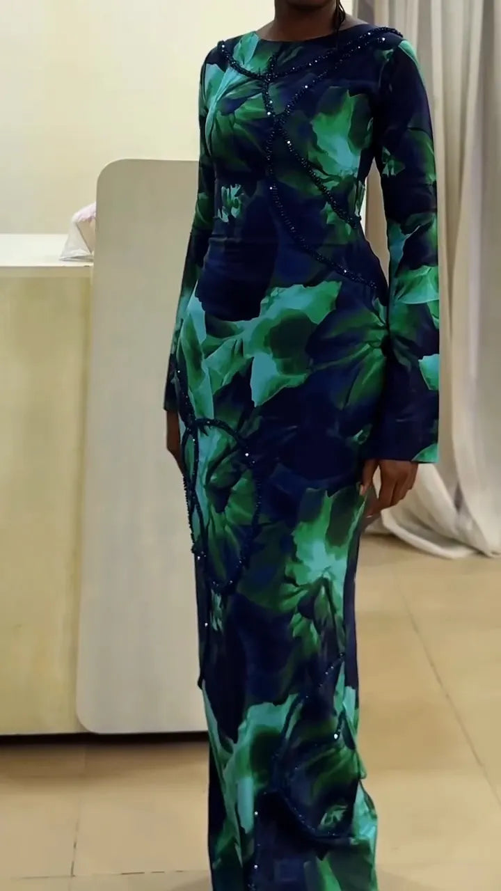 Women Round Neck Slim Fit Printed Patchwork Lines Elegant Temperament Maxi Dresses