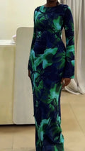 Women Round Neck Slim Fit Printed Patchwork Lines Elegant Temperament Maxi Dresses