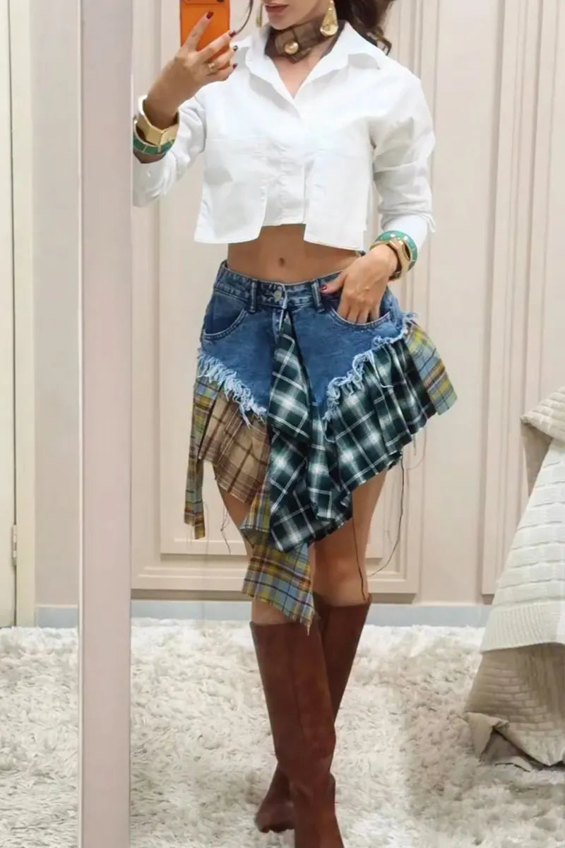 Women's Casual Check Panel Asymmetric Hem Denim Skirt