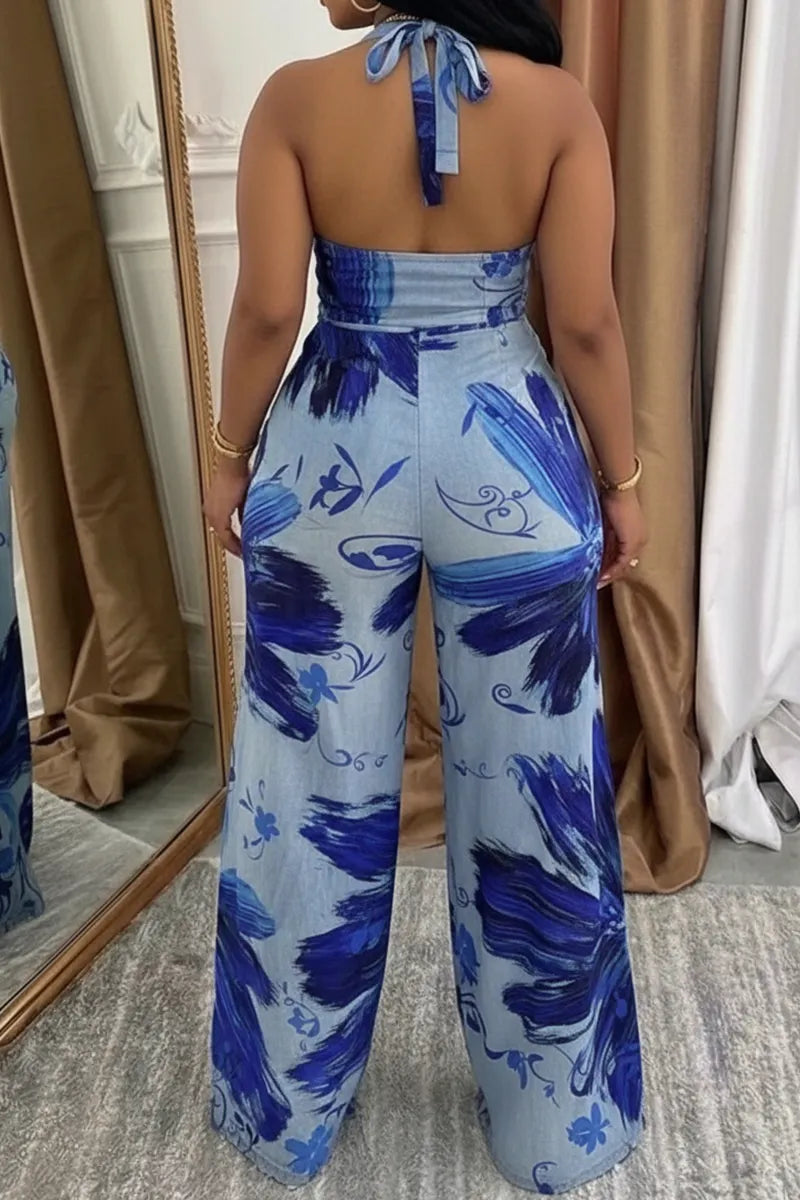 Women's Elegant Printed Backless Denim Jumpsuit