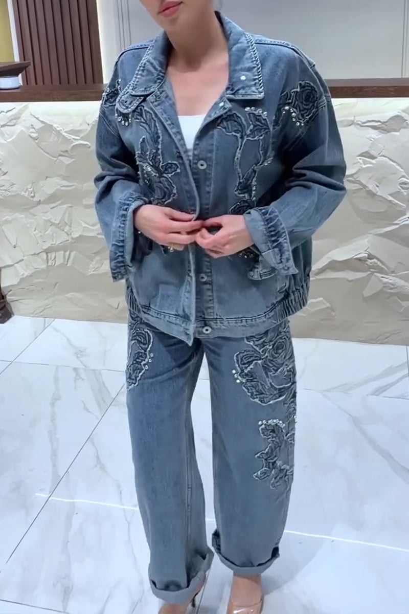 Women's Casual Embroidery Rhinestone Decoration Denim Jacket or Jeans