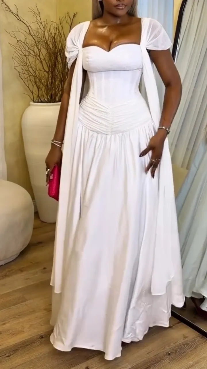 Women Square Neck Solid Color Waist Cinching Elegant Temperament Dress