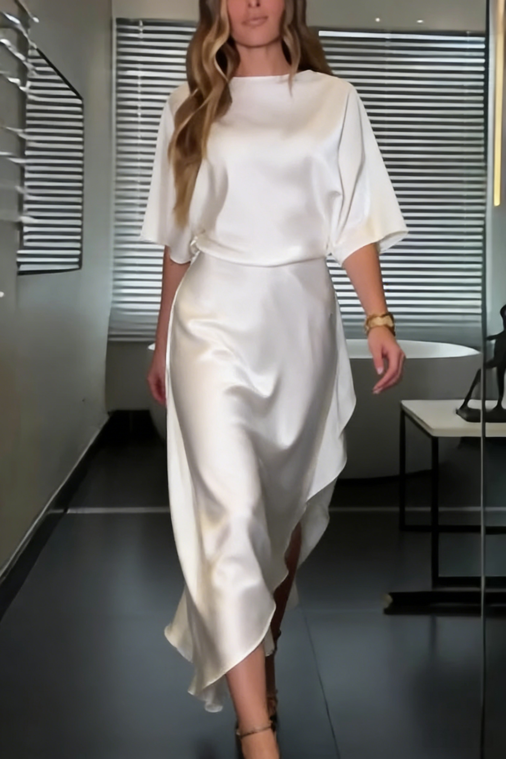 Satin Wrap Asymmetric Maxi Dress | Half-Sleeve Draped Silhouette