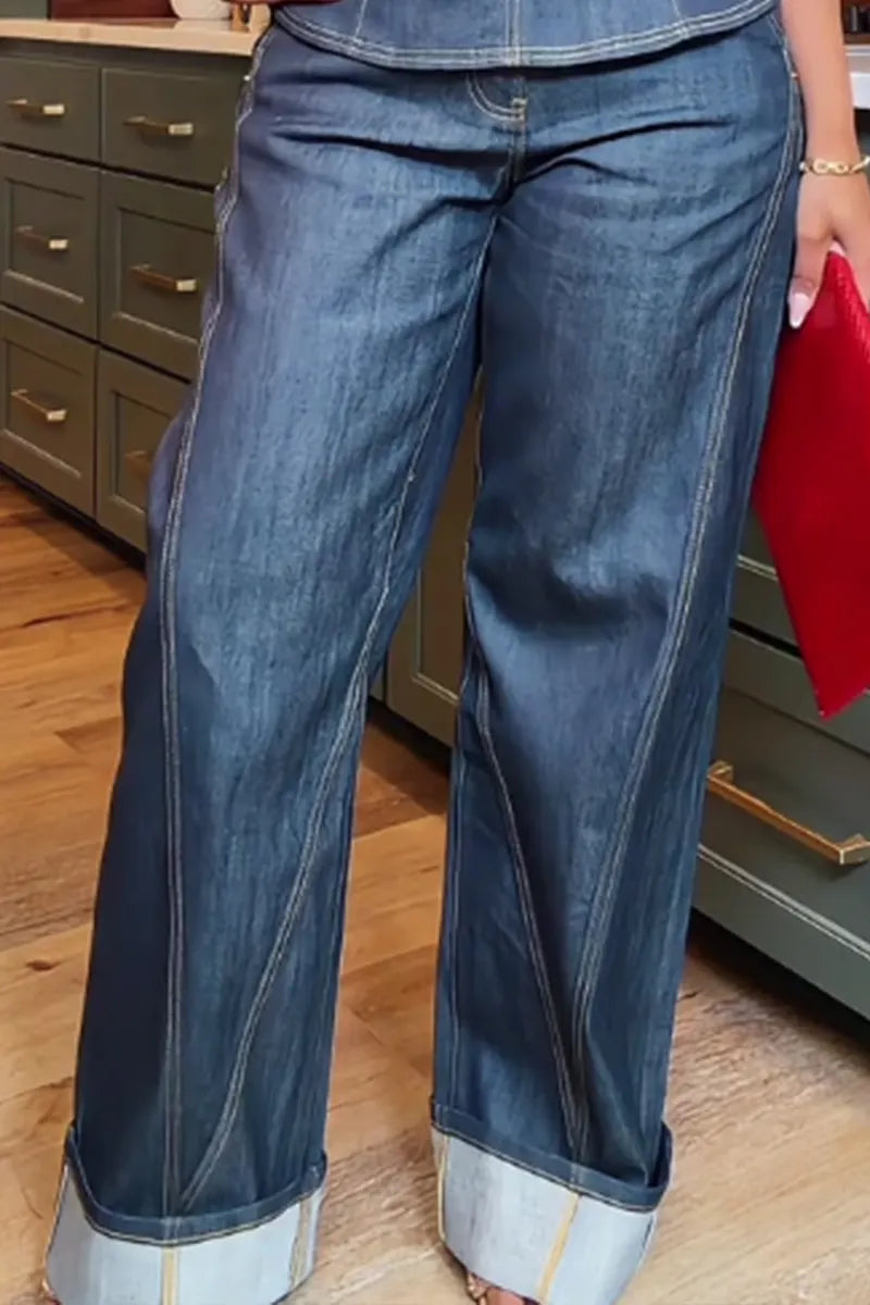 Women's Casual Strapless Denim Top Or Loose Fitting Wide Leg Patchwork Jeans