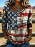 Women's Flag Floral Print Casual Hollow Denim Shirt