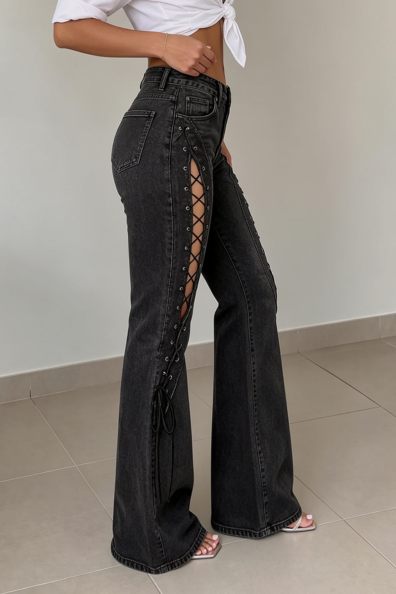 Women's Edgy High Waist Side Cutout Lace Up Washed Black Flare Jeans