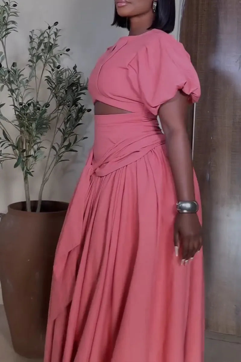 Women's Elegant Puff Sleeve Top A-Line Pleated Hem Skirt Two-Piece Set