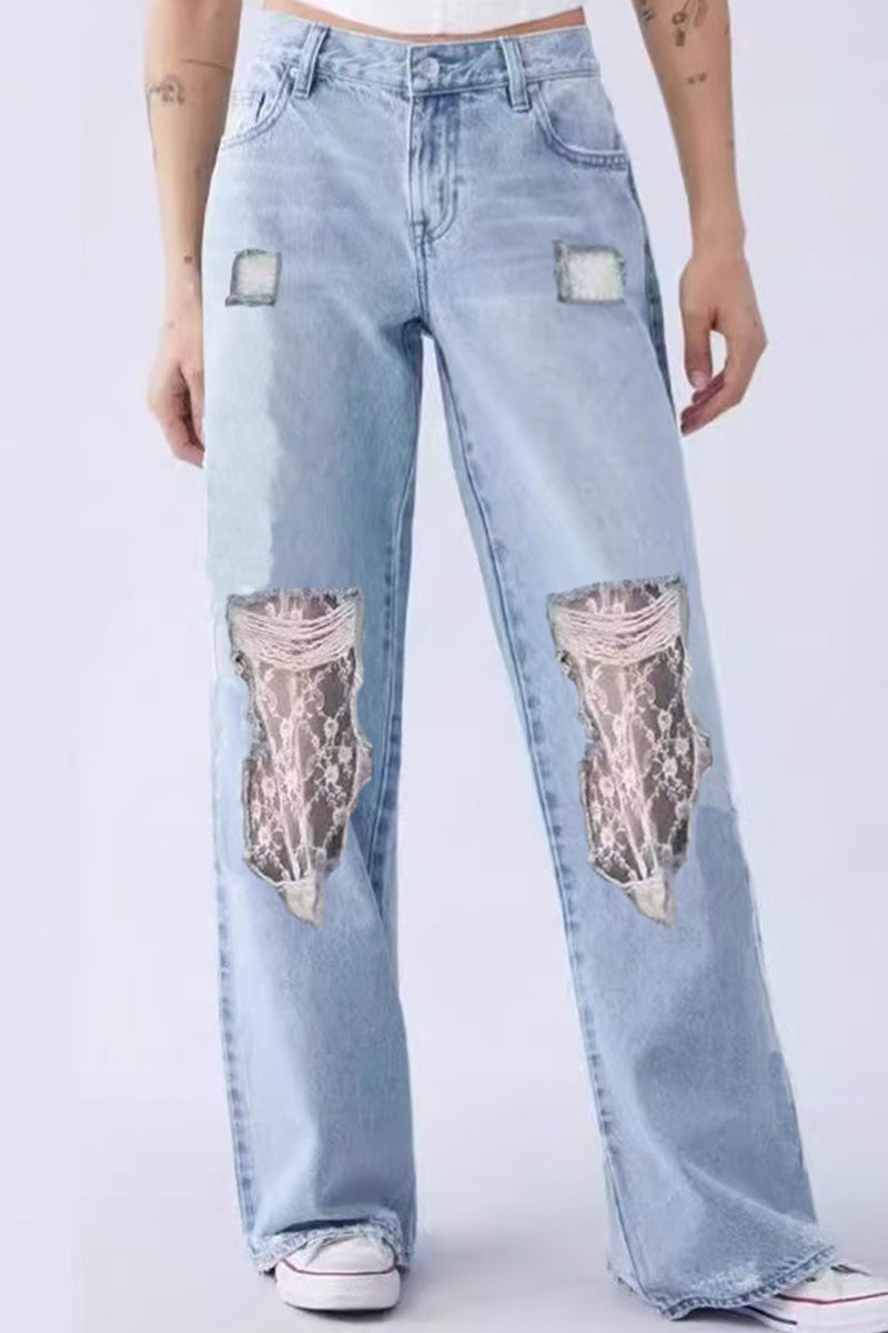 Women's Distressed Lace Applique Jeans