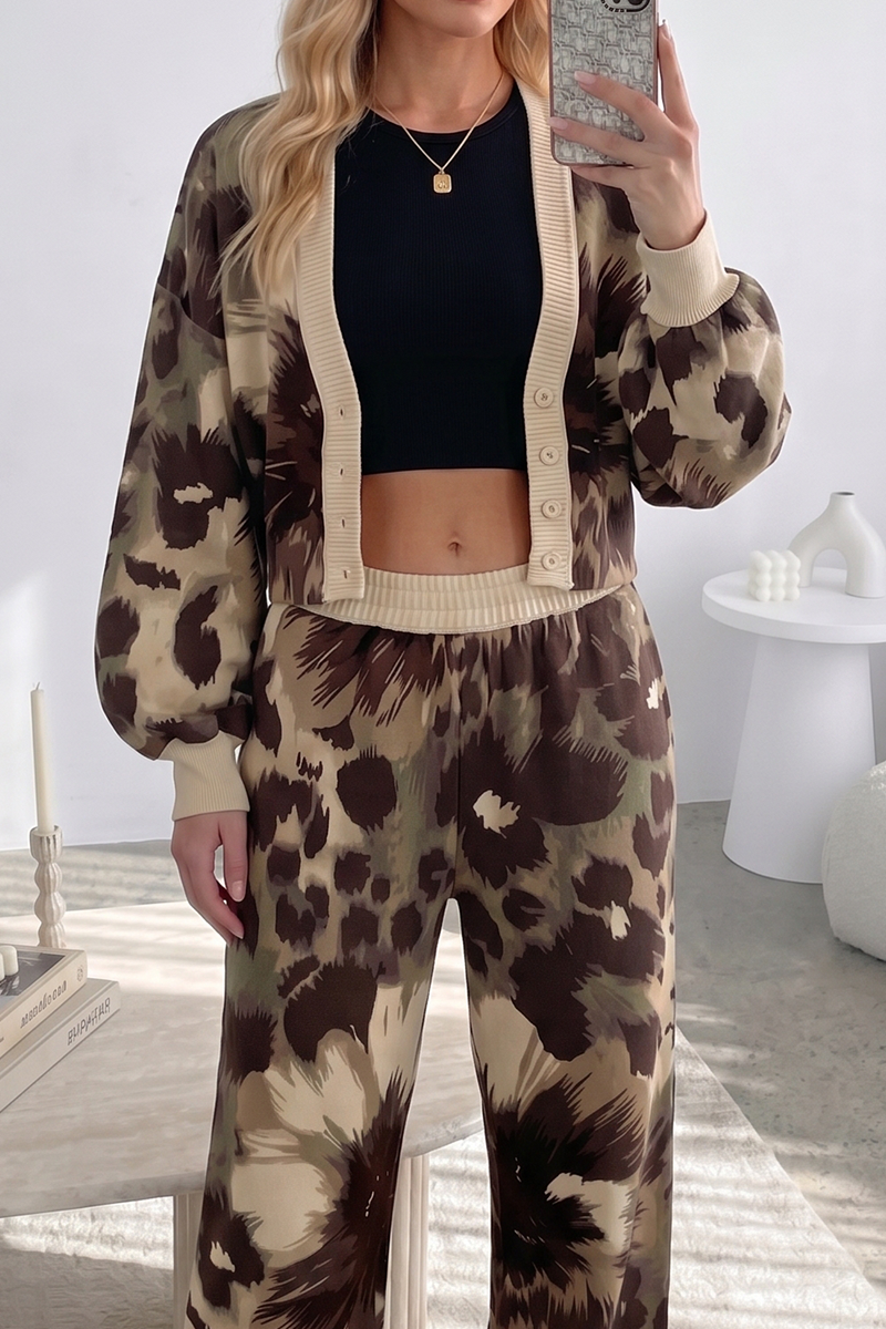 Women's 2-Piece Animal Print Loungewear Set Contrast Trim Button Front Cardigan and Matching Pants Co-ord