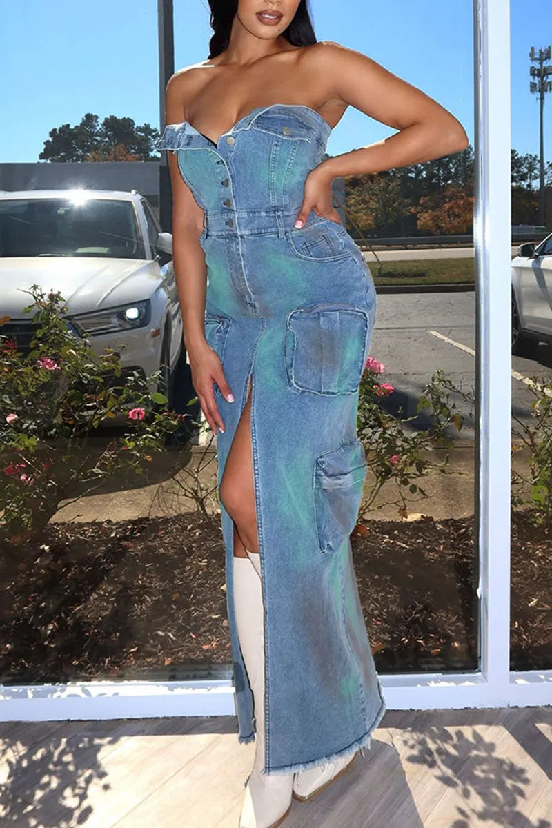 Women's Y2k Button Front Strapless Denim Dress