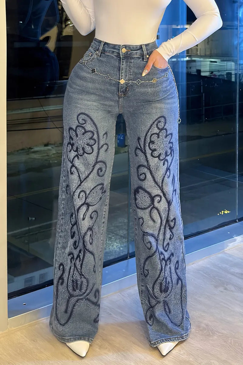 Women's Wash Printed Casual Wide Leg Jeans