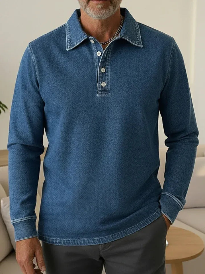 Casual Loose-fitting Polo Button-up Denim Sweatshirt