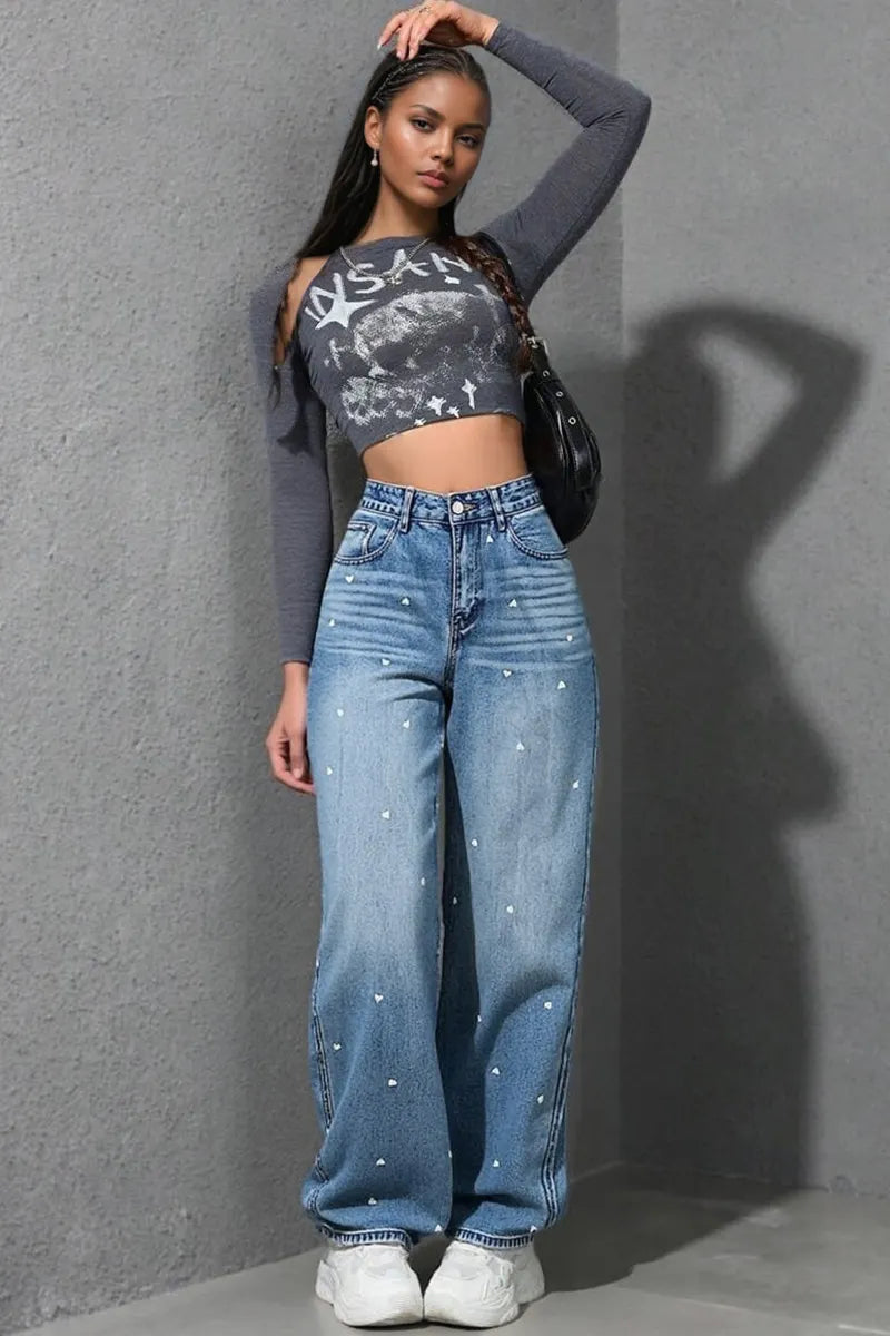 Graceful Stretch Comfort Flare Leg Jeans with Hearts