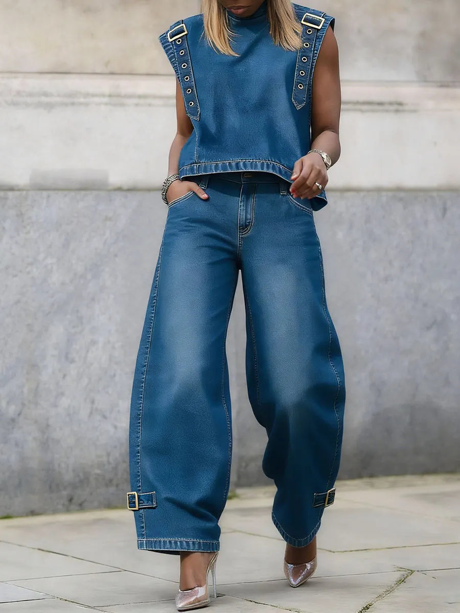 Buckle Buttoned Solid Color Sleeveless Round-Neck Vest Top