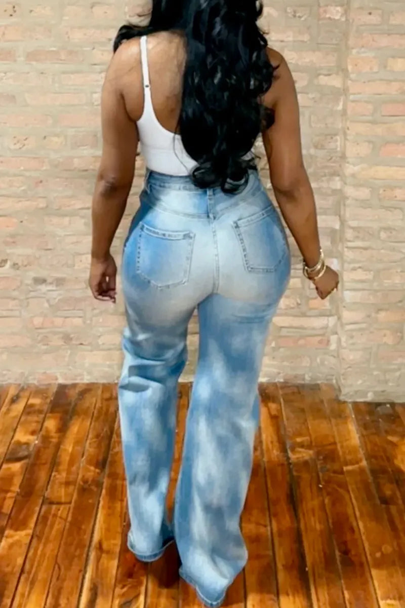 Women Ombre Bleach Spot Washed High Waist Slim Bootcut Full Length Denim Jeans
