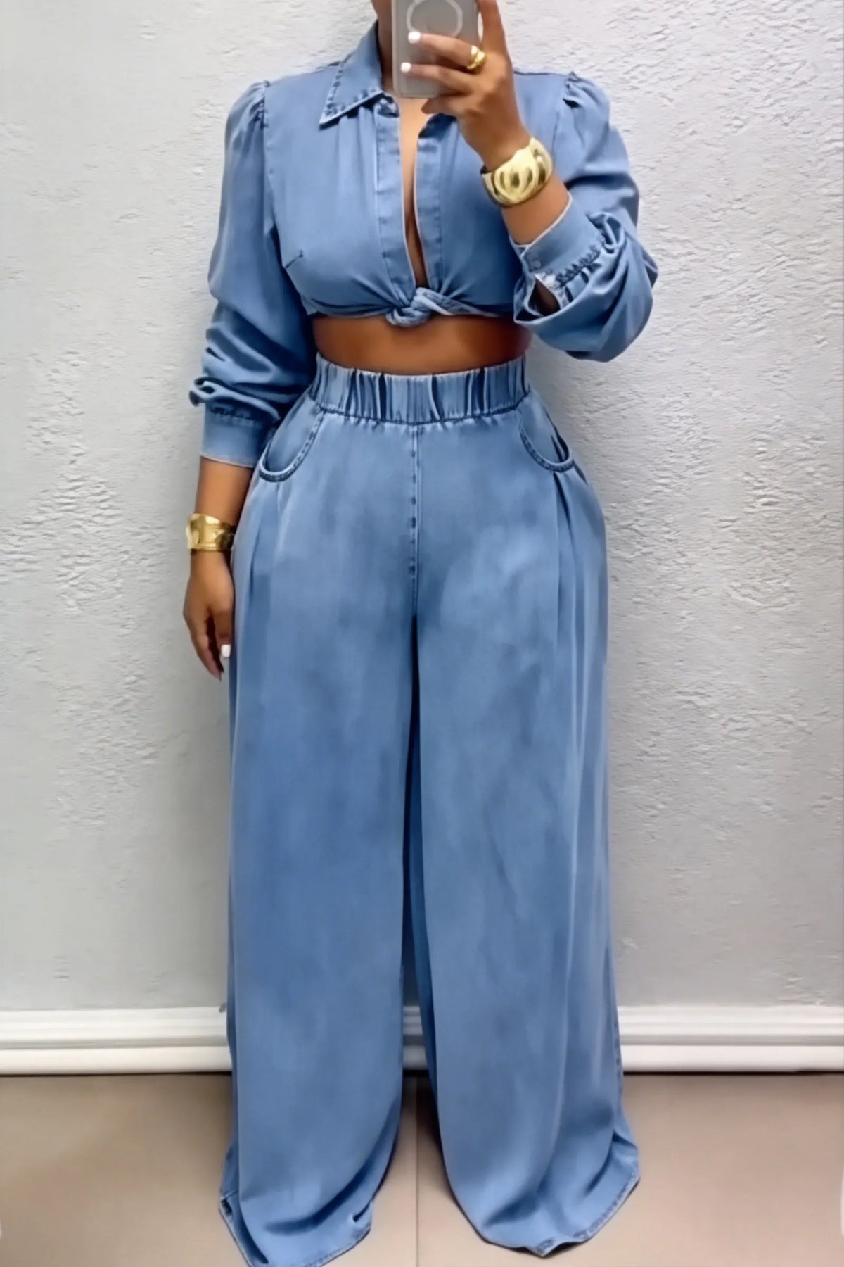 Women's Casual Puff-Sleeve Denim Shirt & Wide-Leg Jeans
