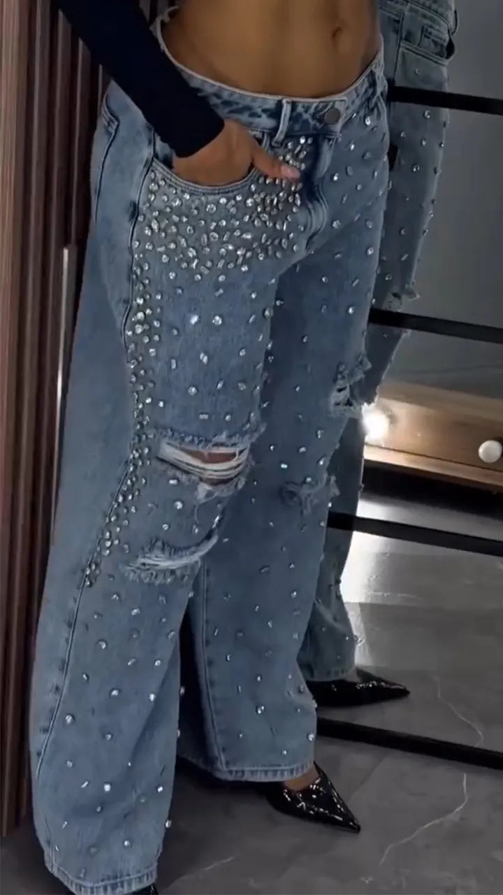 Ladies Hot Stamping Hole Perforated Casual Jeans