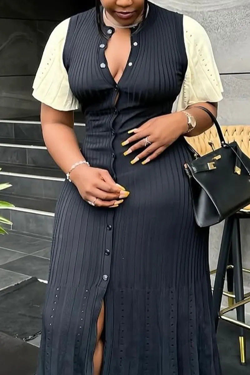 Women's Color Block Short Sleeve Ribbed Knit Button Front Slit Midi Dress