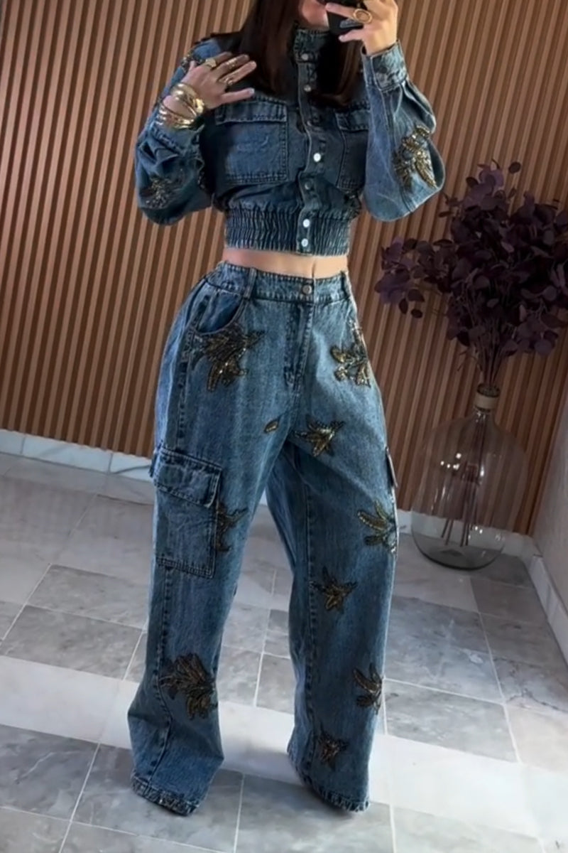 Women's Standing Collar Buckle Patchwork Pattern Denim Jacket or Jeans