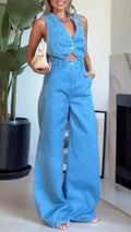 Women V-neck Hollowed Out Patchwork Casual Denim Jumpsuit