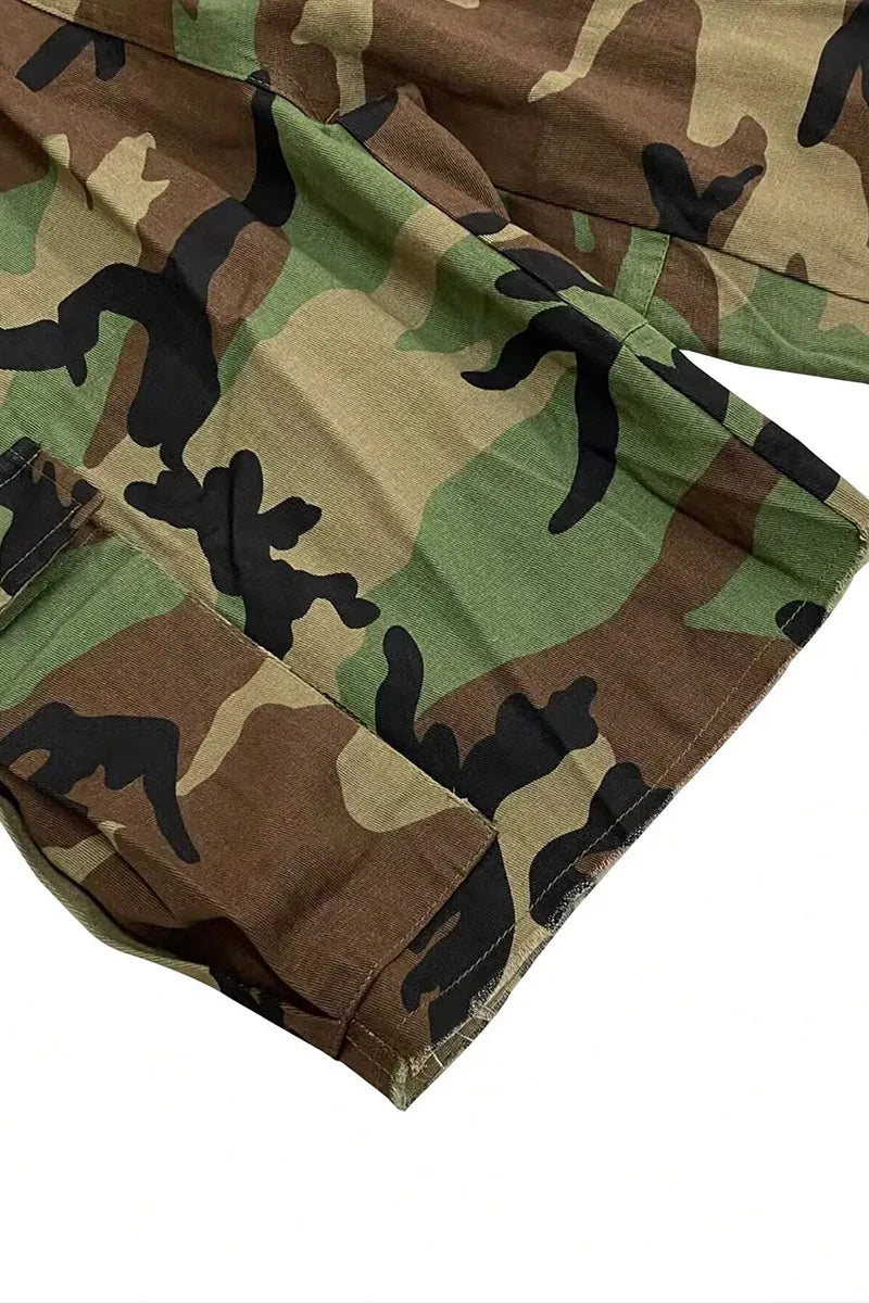 Women Oversized Camouflage Studded Cargo Shorts All Over Rhinestone Hem Detail Utility Bermudas