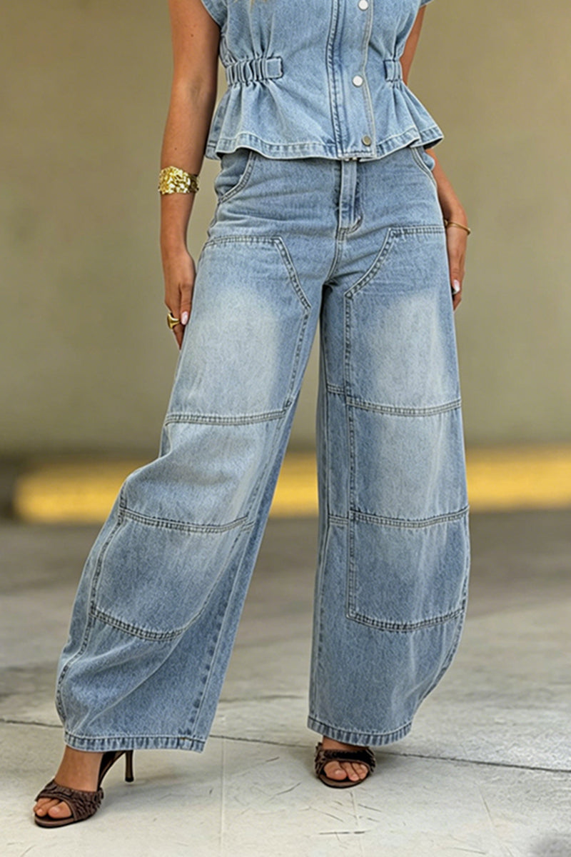 Women's Casual Wide Shoulder Denim Vest or Barrel Jeans