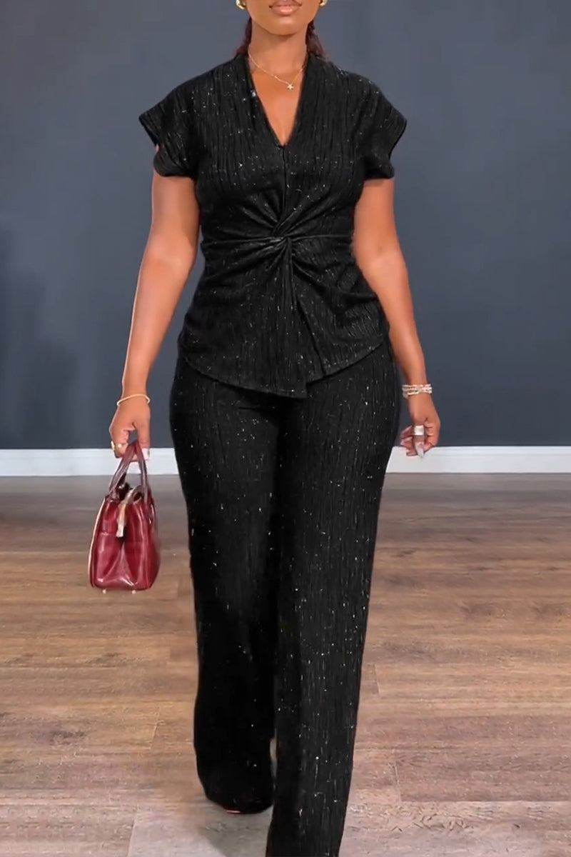 Women's Casual V-Neck Shiny Fine Sequins Top Pants Two-Piece Set