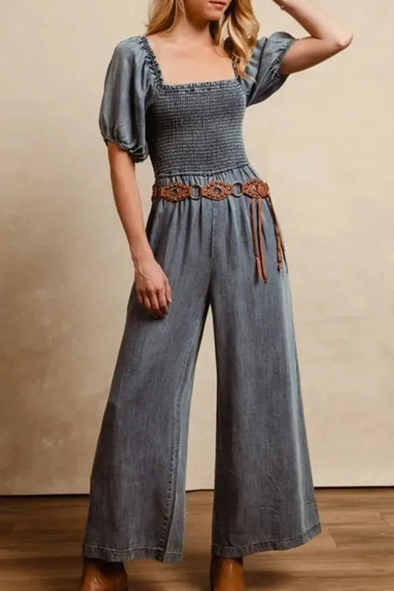 Women's Casual Puff Sleeve Wide Leg Denim Jumpsuit (Belts Are Not For Sale)