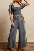 Women's Casual Puff Sleeve Wide Leg Denim Jumpsuit (Belts Are Not For Sale)