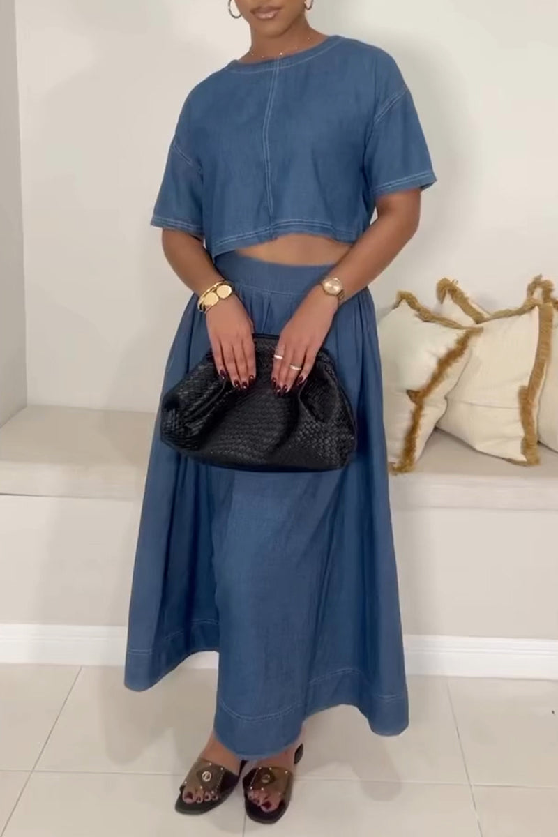 Women's Casual Crew Neck Short Sleeve Denim Top or A-Line Skirt