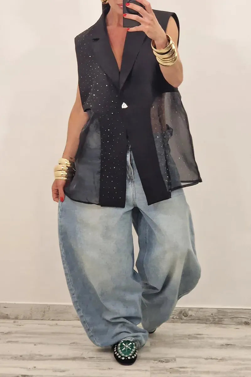 Women's Fashion Mesh Panel Rhinestone Lapel Vest