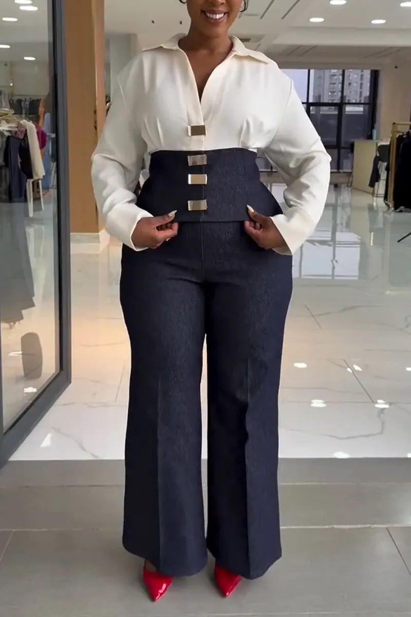 Women's Collar Splicing Metal Buckle Top+ Pants Temperament Commuting Suit
