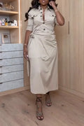 Women's Collar Breasted Dress+ Tied Half Skirt Elegant Temperament Set