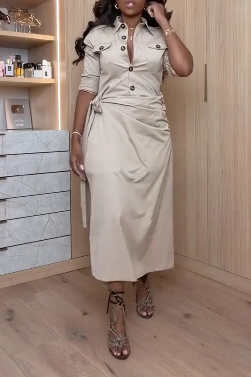 Women's Collar Breasted Dress+ Tied Half Skirt Elegant Temperament Set