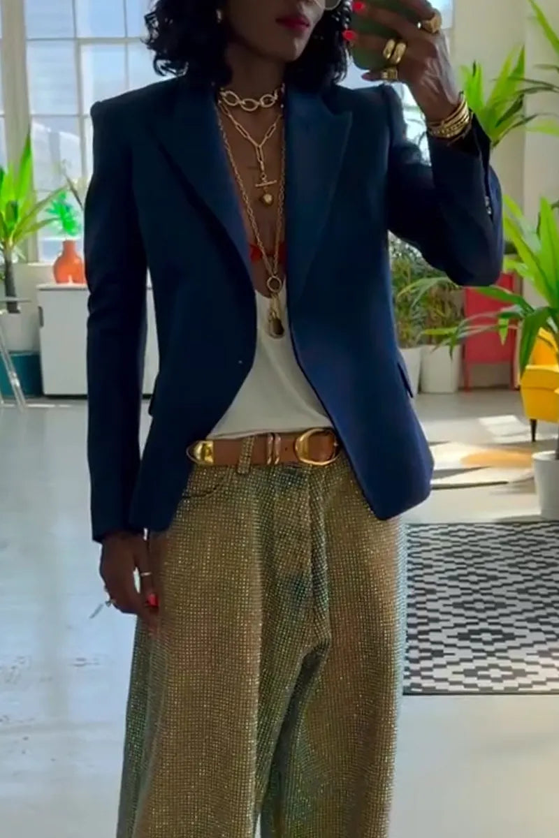 Women's Collar Solid Color Jacket or Full Diamond Shiny Pants