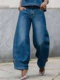Buckle Pockets Solid Color High Waisted Wide Leg Jean Pants Bottoms